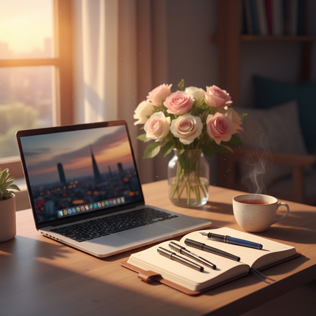 Ein aufgeräumter Schreibtisch am Fenster mit einem Laptop, einem Notizbuch samt Stiften, einer Tasse heißen Getränks und einer Vase mit rosa Rosen.